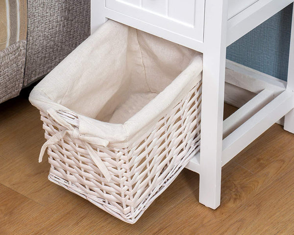 White bedside table with on sale wicker basket