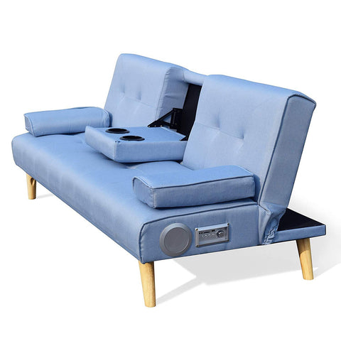 ACRUX 3-Seater Sofa Bed with Built-in Bluetooth Speaker, Cup Holders & Cushions, Light Blue Fabric
