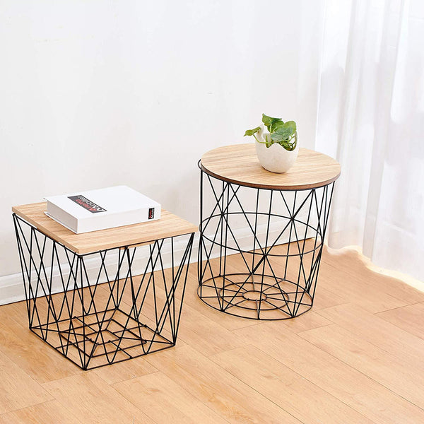 KORAM Basket Side Table Geometric Wire Frame End Table Round
