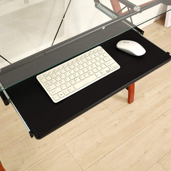 HERMAN Tempered Glass Desk with Keyboard Tray Steel Frame Solid Wood Legs