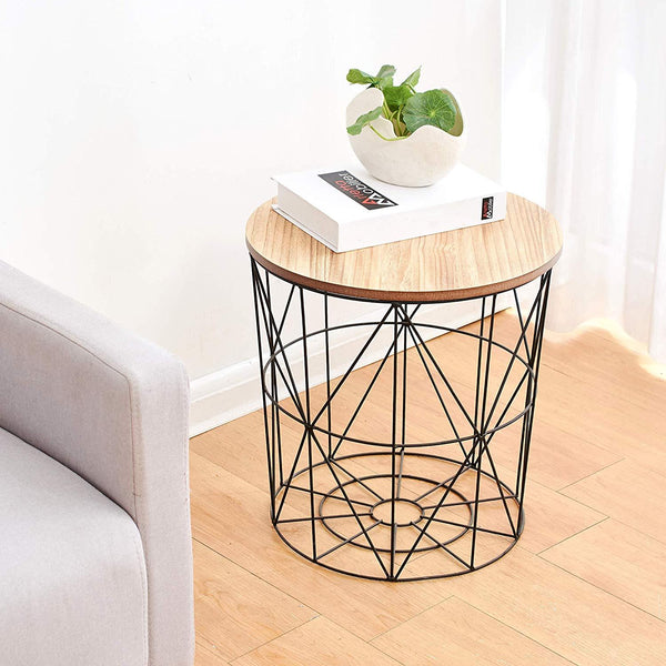 Wire and wood shop basket side table