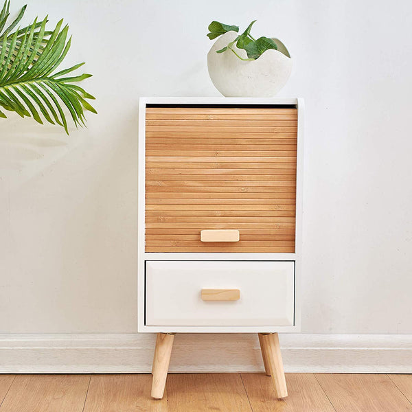 TAKE Bedside Table with Slatted Bamboo Sliding Doors 1 Door 1 Drawer