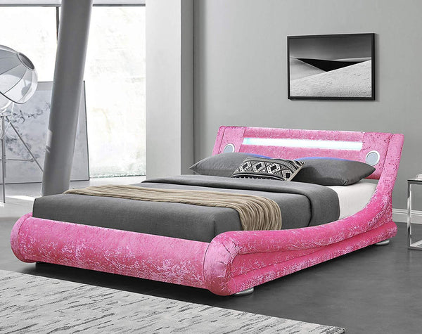 BARBARELLA Pink Crushed Velvet Curved LED Bed w Built in Bluetooth Speakers 3FT Single