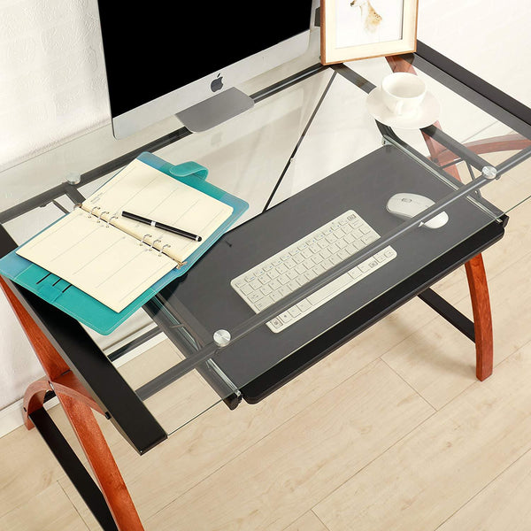 HERMAN Tempered Glass Desk with Keyboard Tray Steel Frame Solid Wood Legs