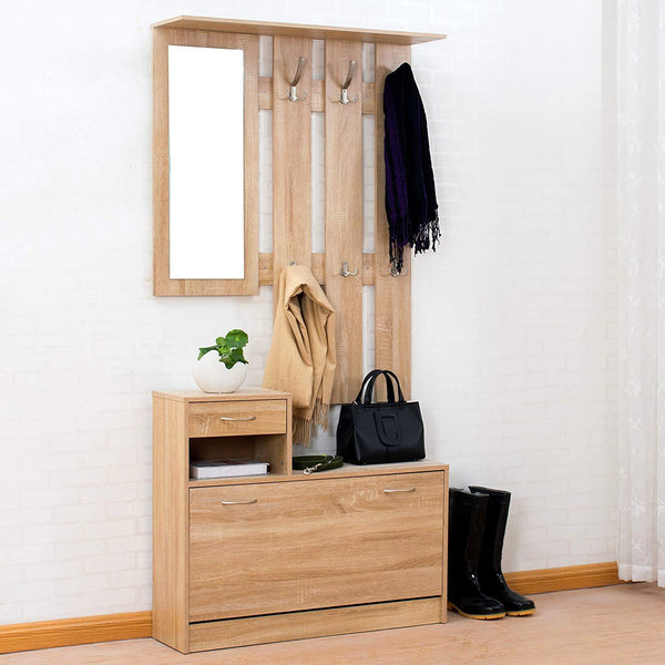 Oak Colour Hall Tree Storage Unit with Floating Coat Hanging Rack