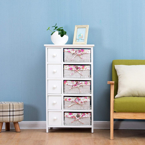White nightstand with shop wicker baskets
