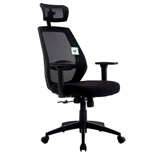 Mesh Fabric High Back Swivel Office Chair with Adjustable Armrests, Lumbar Support & Headrest, Black