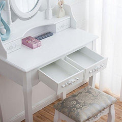4-Drawer Vanity Dressing Table Set with Stool & Oval Mirror, White