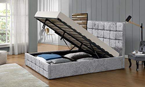 Cherry Tree Furniture Crushed Velvet Upholstered Gas Lift Storage Bed Frame Bedstead 4FT6 Double/w Gas lift Storage, Silver