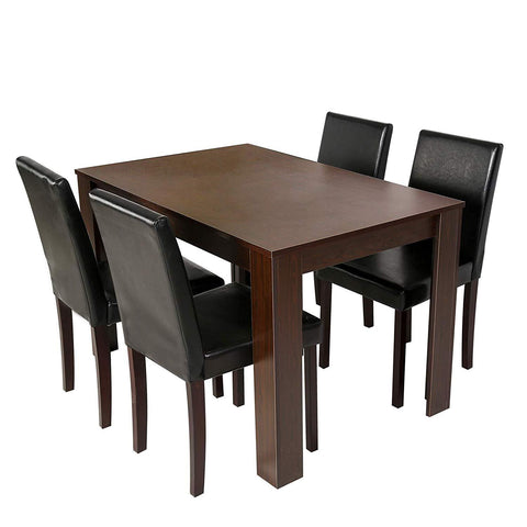 Cherry Tree Furniture 5-Piece Dining Room Set 4-Seater Dining Table with 4 Chairs, Walnut Colour Table with Black PU Leather Seats