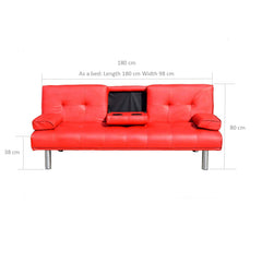 ACRUX 3-Seater Sofa Bed with Cup Holders & Cushions, Red PU