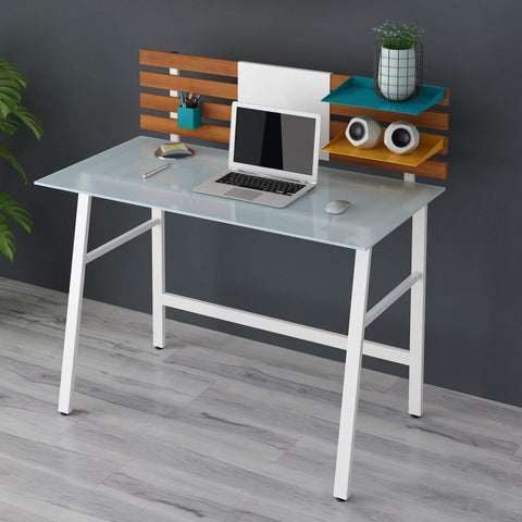 LEROY White Glass Top Writing Desk with White Steel Frame