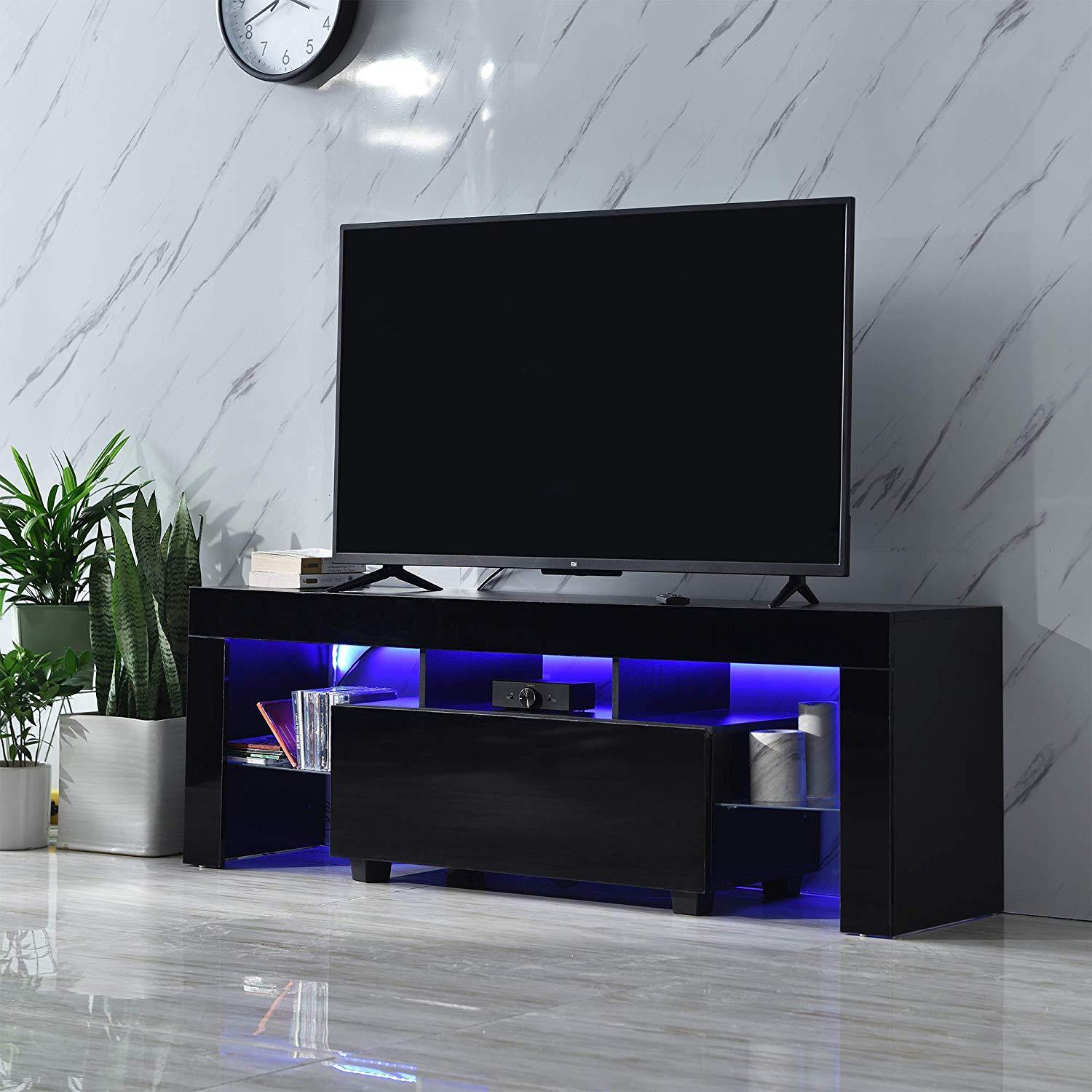 Cherry Tree Furniture MELDAL LED High Gloss TV Stand, TV Unit Cabinet for TV Size up to 51" Black, 130 cm