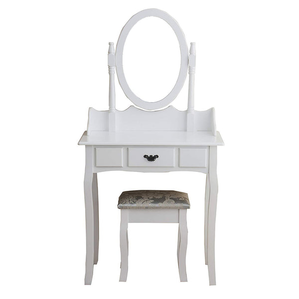 White 1-Drawer Dressing Table Set with Cushioned Stool & Oval Mirror