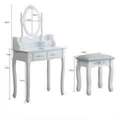 4-Drawer Vanity Dressing Table Set with Stool & Oval Mirror, White