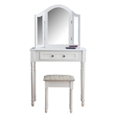 Triple Mirrors Dressing Table Set with Stool, White