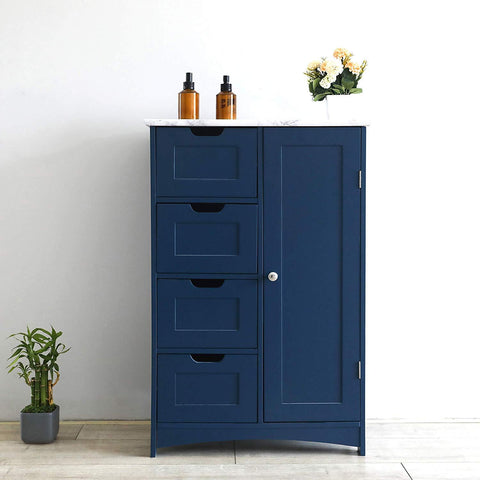 Free Standing Wooden Bathroom Cabinet with 1-Door Cupboard and 4-Drawer & Marble Effect Top (Blue)