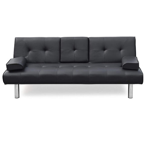 ACRUX 3-Seater Sofa Bed with Cup Holders & Cushions, Dark Grey PU