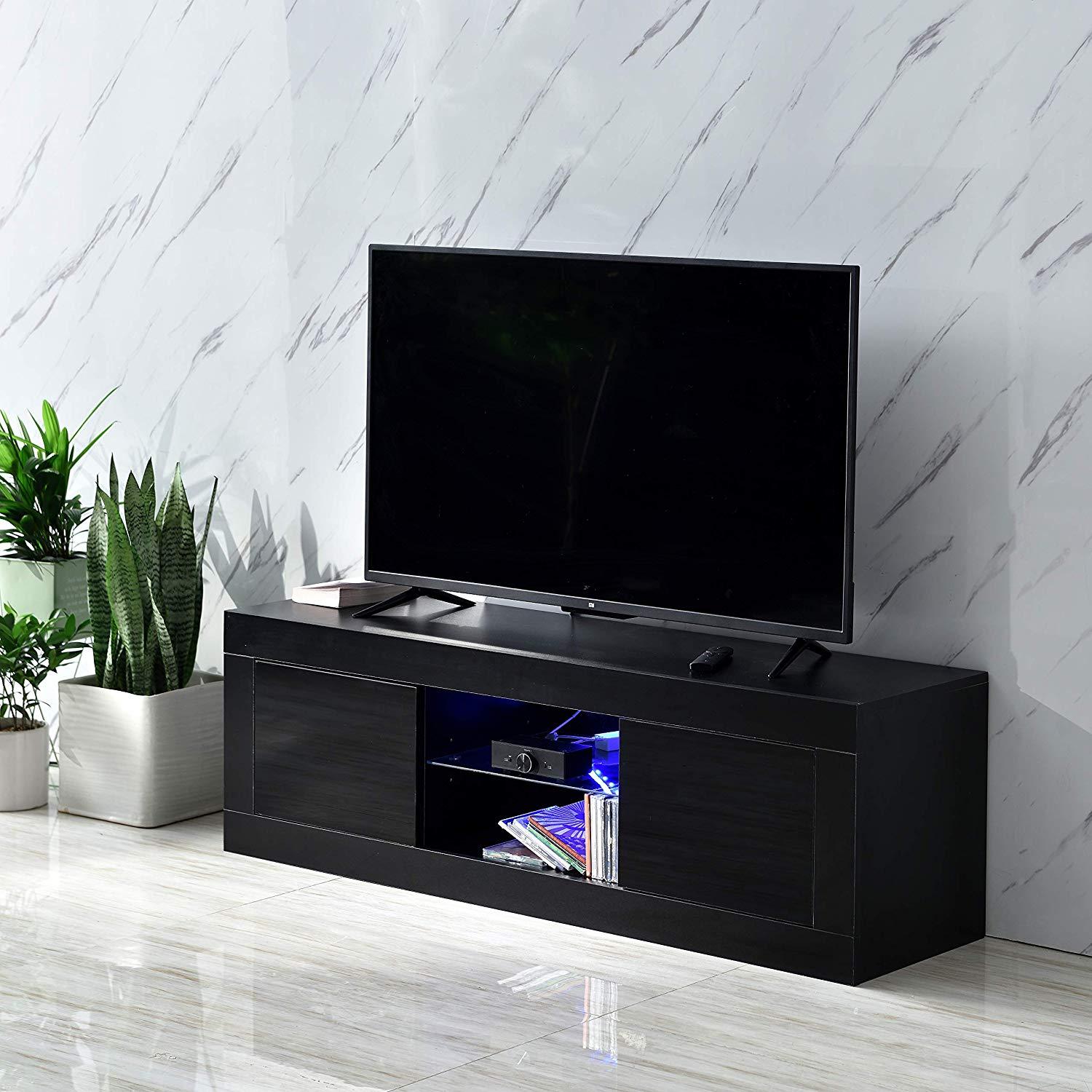 Cherry Tree Furniture MELDAL LED High Gloss TV Stand, TV Unit Cabinet for TV Size up to 50" Black, 125 cm