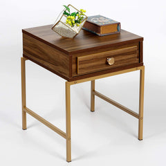 Cherry Tree Furniture NARA Walnut Colour Side Table Bedside End Table with Golden Metal Frame & Trims
