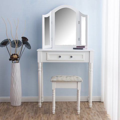 Triple Mirrors Dressing Table Set with Stool, White