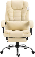 Executive Reclining Computer Desk Chair with Footrest, Headrest and Lumbar Cushion Support Furniture Cream PU Leather