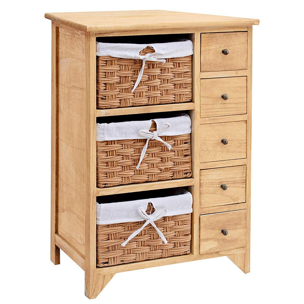 Paulownia Original Wood Colour 5-Layer Cabinet Drawer Chest with Wicker Baskets
