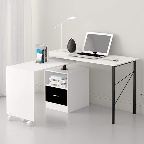L-Shaped Extending Computer Workstation Corner Desk with Storage, White