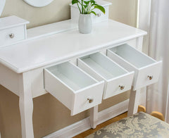 White 5-Drawer Vanity Makeup Dressing Table with Oval Mirror, Jacquard Cushioned Stool