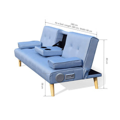 ACRUX 3-Seater Sofa Bed with Built-in Bluetooth Speaker, Cup Holders & Cushions, Light Blue Fabric