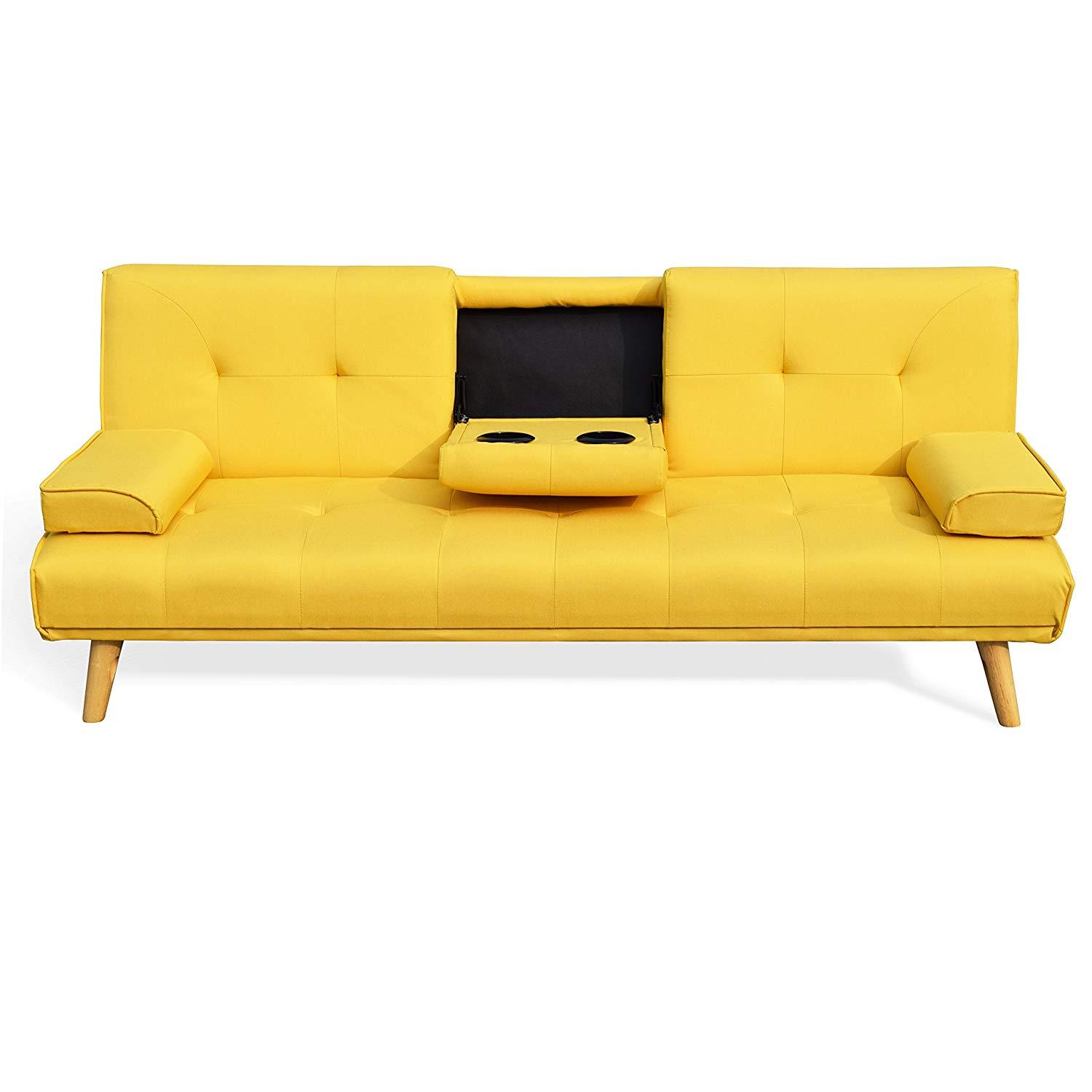ACRUX 3-Seater Sofa Bed with Cup Holders & Cushions, Yellow Fabric