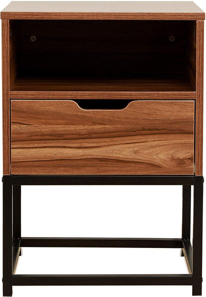 CLIVE Mid-Century Style Walnut Colour Bedside Table Nightstand End Table With Black Metal Frame (BC-01)