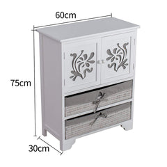 White Paulownia Wood Sideboard Drawer Chest with Carved Cabinet Doors & Wicker Baskets