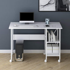 2-IN-1 Extending Computer Desk Workstation Table with Storage Shelf & Rolling Castors, White