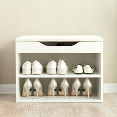 2-Level Shoe Rack Bench Storage with Padded Seat, White