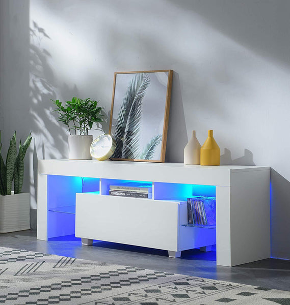 Cherry Tree Furniture MELDAL LED High Gloss TV Stand, TV Unit Cabinet for TV Size up to 51" White, 130 cm