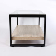 OLYMPIA Coffee Table Glass Top with Steel Frame & Wooden Shelf