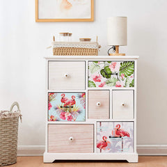 Cherry Tree Furniture Flamingo & Tropical Leaves Pattern Solid Paulownia Wood 7-Drawer Storage Cabinet Sideboard