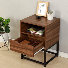 CLIVE Mid-Century Style Walnut Colour Bedside Table Nightstand End Table With Black Metal Frame (BC-01)