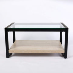 OLYMPIA Coffee Table Glass Top with Steel Frame & Wooden Shelf
