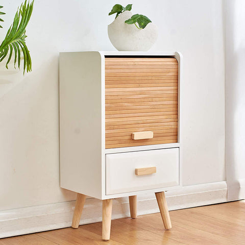 Cherry Tree Furniture TAKE Bedside Table with Slatted Bamboo Sliding Doors 1-Door &1 Drawer