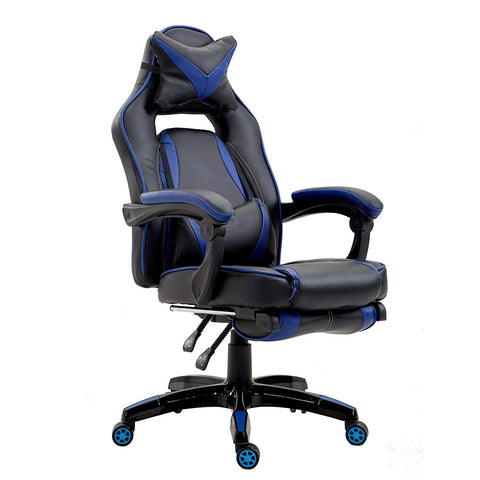 High Back Recliner Gaming Swivel Chair with Footrest & Adjustable Lumbar & Head Cushion, Black & Blue