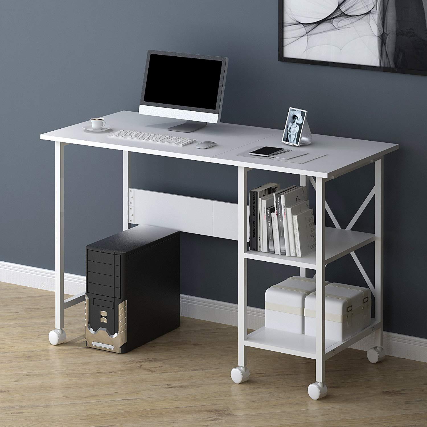 2-IN-1 Extending Computer Desk Workstation Table with Storage Shelf & Rolling Castors, White