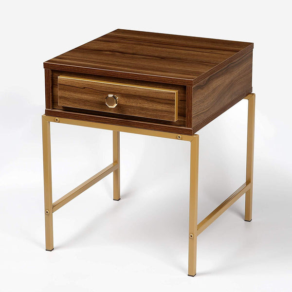 Cherry Tree Furniture NARA Walnut Colour Side Table Bedside End Table with Golden Metal Frame & Trims