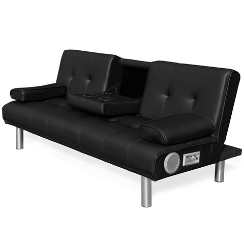 ACRUX 3-Seater Sofa Bed with Built-in Bluetooth Speaker, Cup Holders & Cushions, Black PU