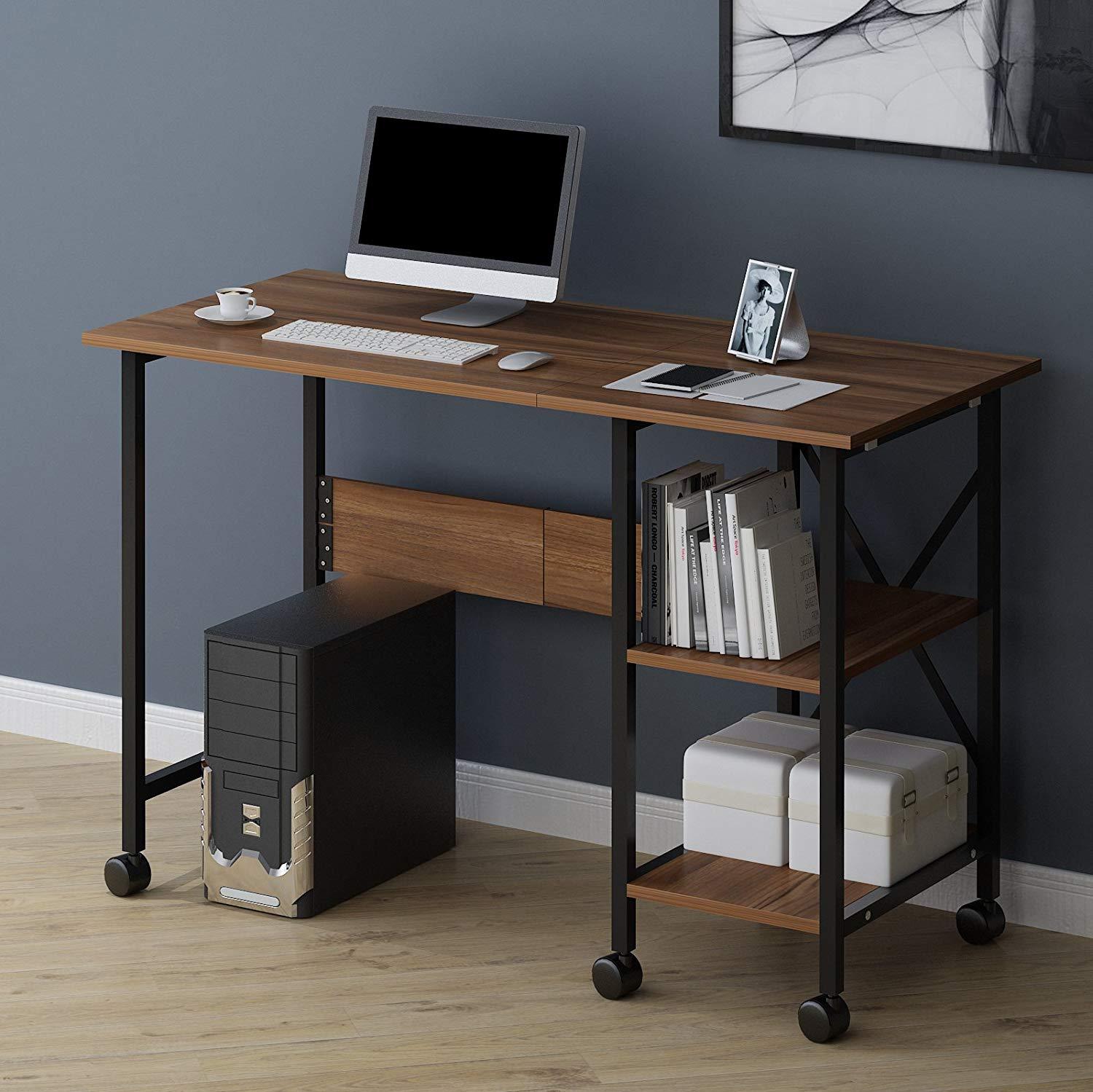 2-IN-1 Extending Computer Desk Workstation Table with Storage Shelf & Rolling Castors, Walnut