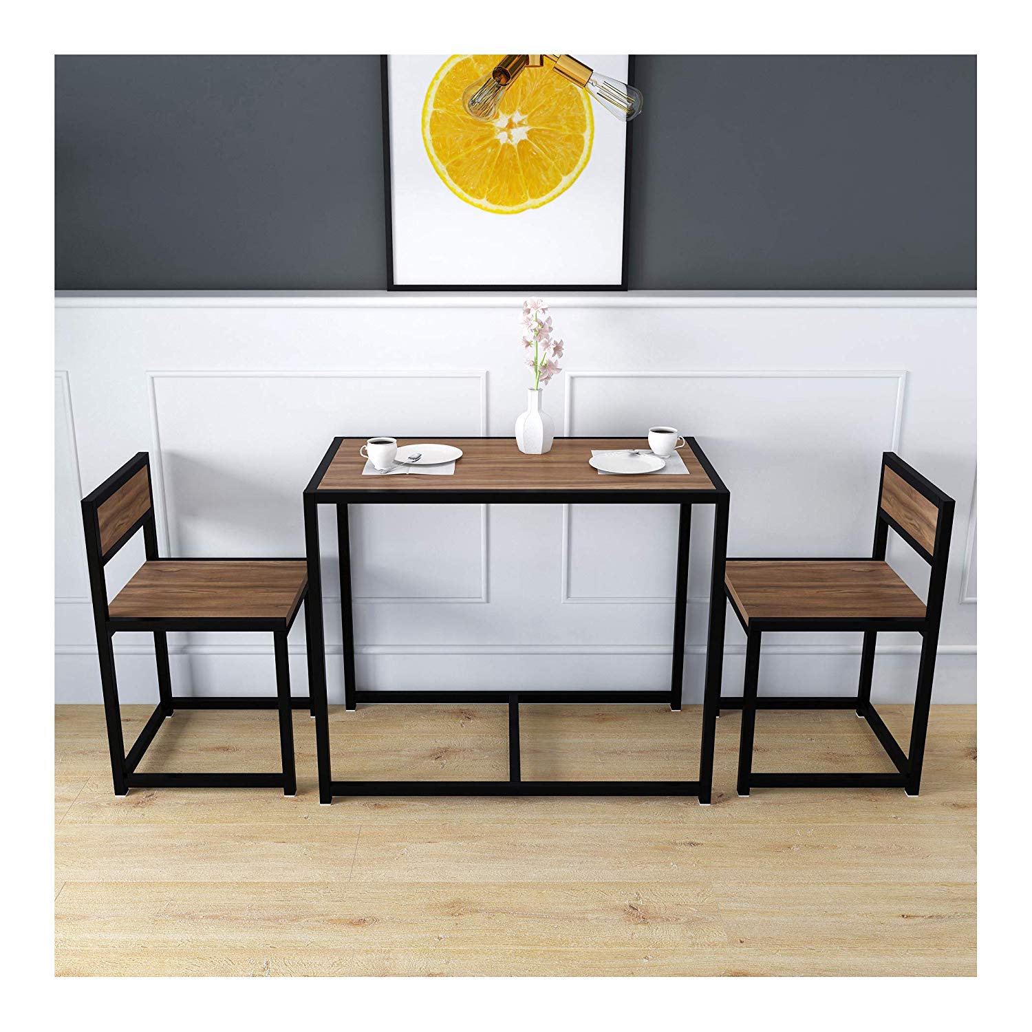 3 Piece Wood Steel Dining Table 2 Chairs Set