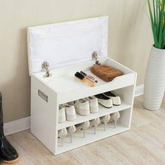 2-Level Shoe Rack Bench Storage with Padded Seat, White