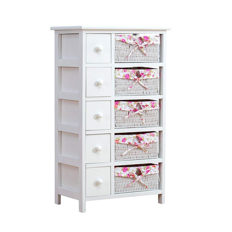 Shabby Chic White 5-Layer Chest of Drawers with Floral Wicker Baskets