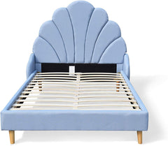 Cherry Tree Furniture ARIEL Blue Linen Fabric Upholstered Bed with Scalloped Headboard 4FT Small Double